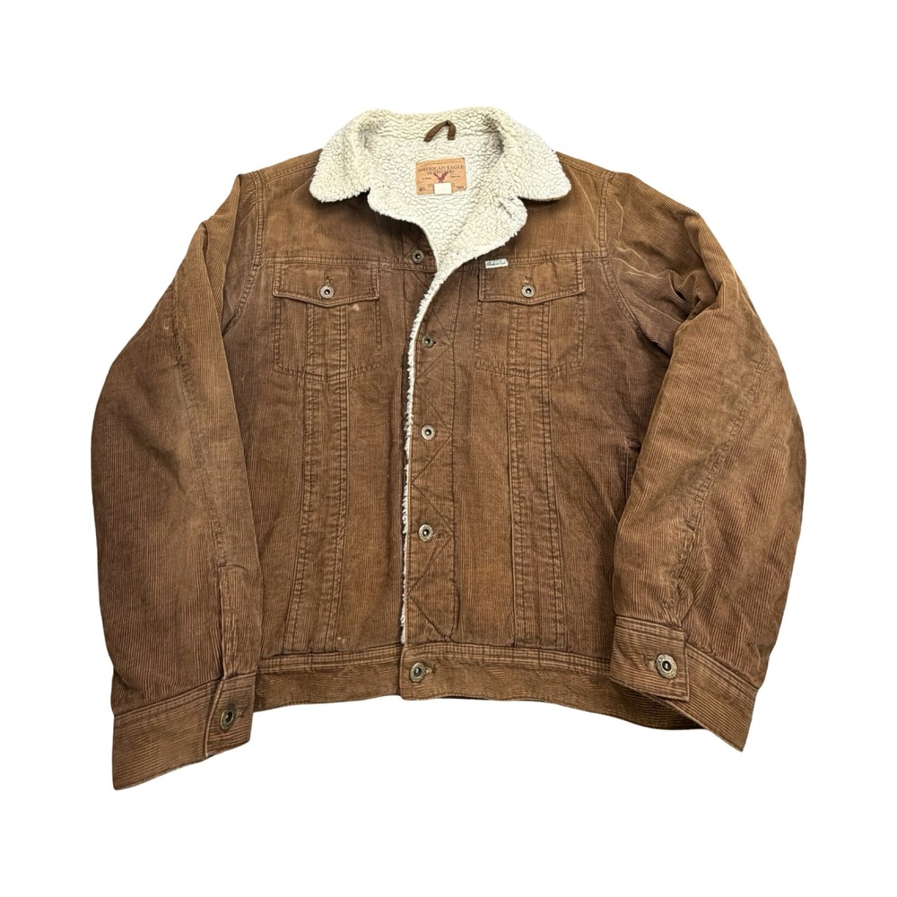 American Eagle Trucker Jacket Mens L Brown Corduroy Sherpa Lined Cotton VTG 90's